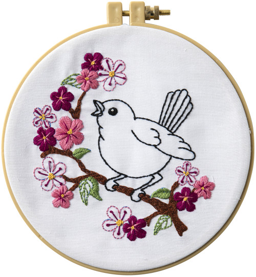 3 Pack Bucilla Stamped Embroidery Kit 6" Round-Cherry Blossom Birdie -47917E - 046109479170