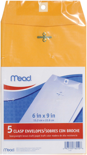 Mead Clasp Envelopes 6"X9" 5/Pkg-Heavy Kraft -76010 - 043100760108