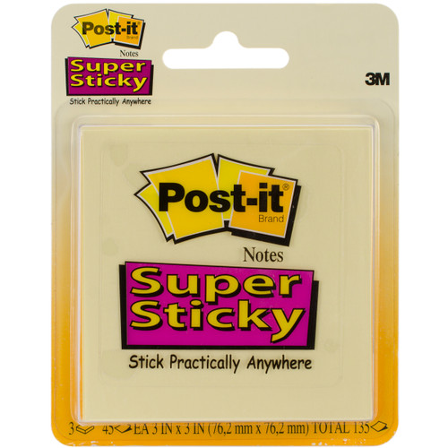 3 Pack Post-It Super Sticky Notes 3"X3" 3/Pkg-Canary Yellow W/45 Sheets 3321SSCY - 021200475924