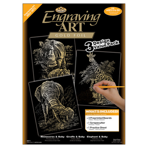 Royal & Langnickel(R) Foil Engraving Value Pack 8.75"X11.5"-Gold - Rhinoceros, Giraffe & Elephant - ENGARTVP-3 - 090672171320