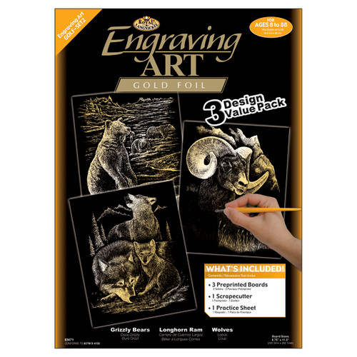 Royal & Langnickel(R) Foil Engraving Value Pack 8.75"X11.5"-Gold Grizzly Bears, Rams & Wolves ENGARTVP-2 - 090672171313
