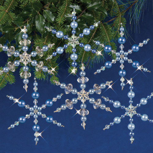 2 Pack Solid Oak Nostalgic Christmas Beaded Cyrstal Ornament Kit-Blue Snowflakes Makes 6 -NCHBOK-004