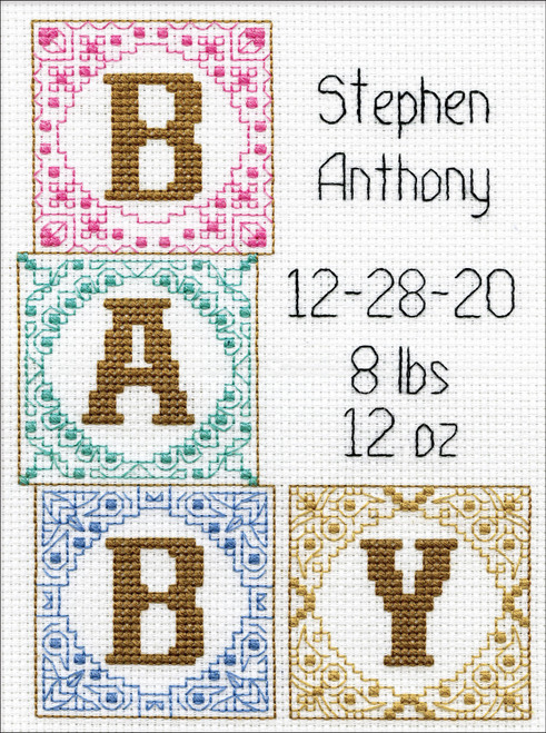 Design Works Counted Cross Stitch Kit 5"X7"-Baby Blocks Birth Record (14 Count) - DW3351