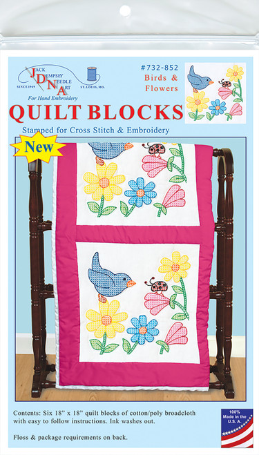 Jack Dempsey Stamped White Quilt Blocks 18"X18" 6/Pkg-Birds & Flowers 732 852 - 013155478525
