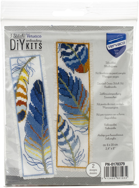 Vervaco Counted Cross Stitch Bookmark Kit 2.4"X8" 2/Pkg-Blue Feathers (14 Count) - V0170379 - 54134808619345413480861934