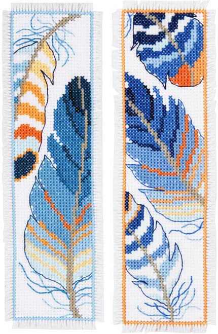 Vervaco Counted Cross Stitch Bookmark Kit 2.4"X8" 2/Pkg-Blue Feathers (14 Count) V0170379