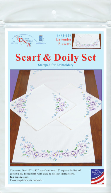 Jack Dempsey Stamped Dresser Scarf & Doilies Perle Edge-Lavender Flowers - 448 694 - 013155966947
