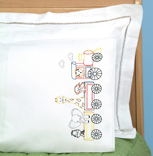 Jack Dempsey Children's Stamped Pillowcase W/Perle Edge-Jungle Train - 1605 442 Jack Dempsey Children's Stamped Pillowcase W/Perle Edge-Jungle Train - 1605 442