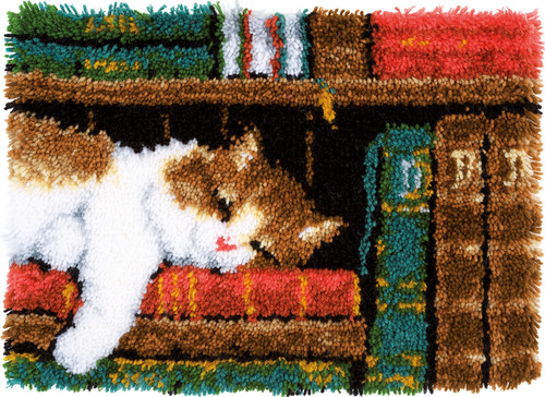 Vervaco Latch Hook Rug Kit 21.25"X15.5"-Cat On Bookshelf - V0149896