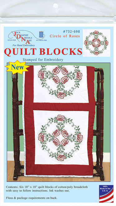 Jack Dempsey Stamped White Quilt Blocks 18"X18" 6/Pkg-Circle Of Roses - 732 698 - 013155476989