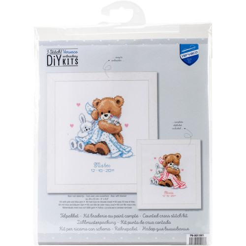 Vervaco Counted Cross Stitch Kit 6.75"X7"-Bear With Blanket On Aida (14 Count) - V0011901 - 54134801591785413480159178