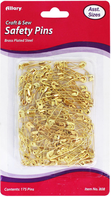 Allary Safety Pins 175/Pkg-Brass, Assorted Sizes 808A - 750557008089