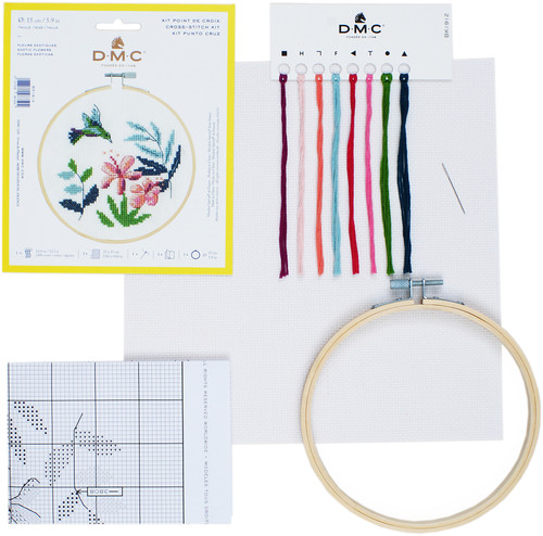 DMC Stitch Kit 6" Diameter-Exotic Flowers (14 Count) - BKL-1912 DMC Stitch Kit 6" Diameter-Exotic Flowers (14 Count) - BKL-1912