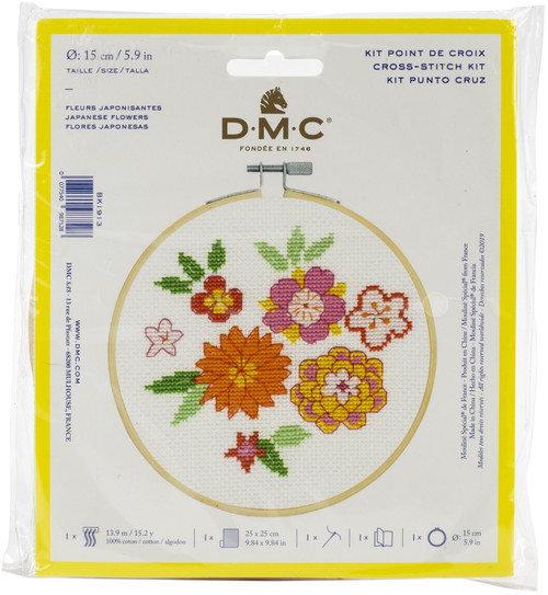 DMC Stitch Kit 6" Diameter-Japanese Flowers (14 Count) BKL-1913 - 077540987528