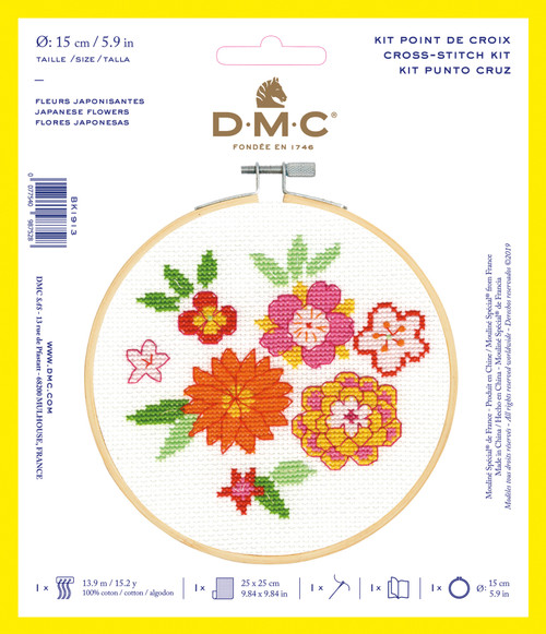 DMC Stitch Kit 6" Diameter-Japanese Flowers (14 Count) - BKL-1913