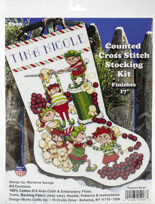 Design Works Counted Cross Stitch Stocking Kit 17" Long-Popcorn Elves (14 Count) DW5998 - 021465059983