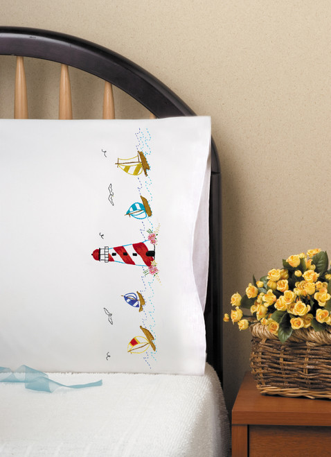 Tobin Stamped For Embroidery Pillowcase Pair 20"X30"-Lighthouse - T232196