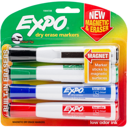 Expo Magnetic Chisel Tip Dry Erase Marker With Eraser 4/Pkg-Assorted 1944728 - 071641099340