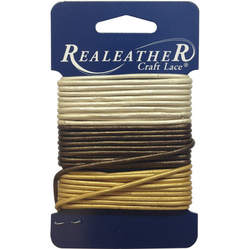 3 Pack Realeather Crafts Round Leather Lace 2mmX9yd Carded-Gold, Silver & Bronze RLC00802 - 870192006421