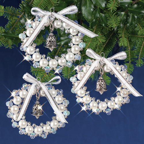 Solid Oak Nostalgic Christmas Beaded Crystal Ornament Kit-Crystal,white & Silver Bell Wreath Make3 - NCHBOK-016 - 845227050762