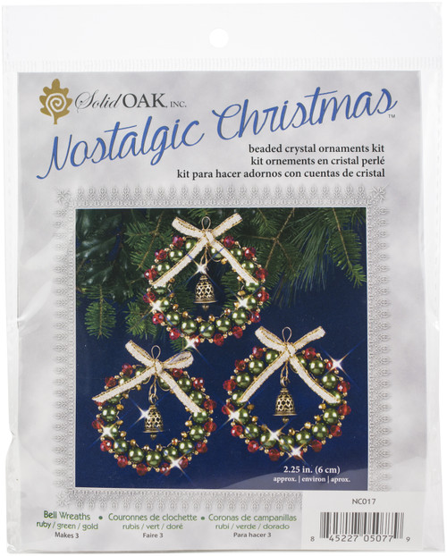 Solid Oak Nostalgic Christmas Beaded Crystal Ornament Kit-Ruby, Green & Gold Bell Wreaths Makes 3 - NCHBOK-017 - 845227050779