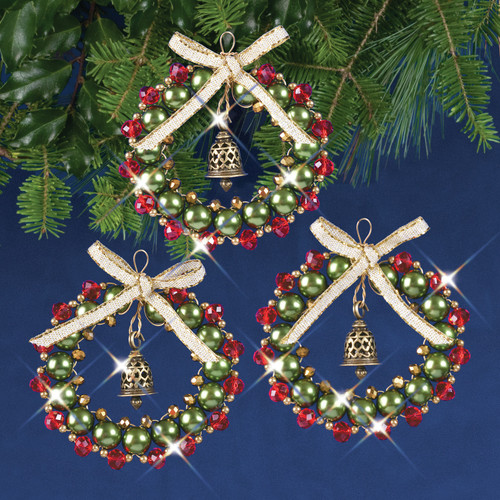 Solid Oak Nostalgic Christmas Beaded Crystal Ornament Kit-Ruby, Green & Gold Bell Wreaths Makes 3 - NCHBOK-017