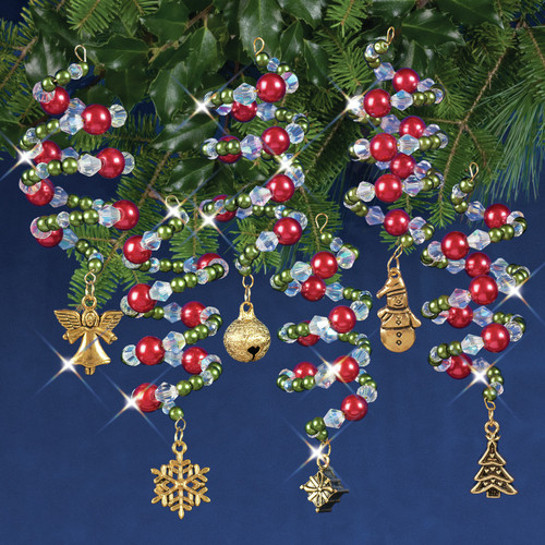 Solid Oak Nostalgic Christmas Beaded Crystal Ornament Kit-Ruby, Green & Gold Xmas Charmers Makes 6 - NCHBOK-010