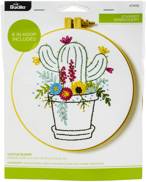 Bucilla Stamped Embroidery Kit 6" Round-Cactus Bloom -47915E - 046109479156