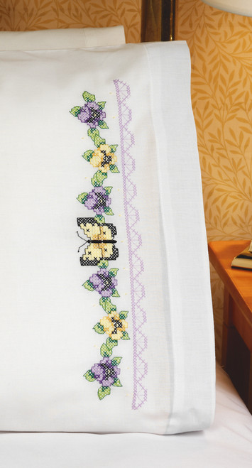 Janlynn Stamped Cross Stitch Pillowcase Pair 20"X30"-Pansies & Butterflies - 21-1339