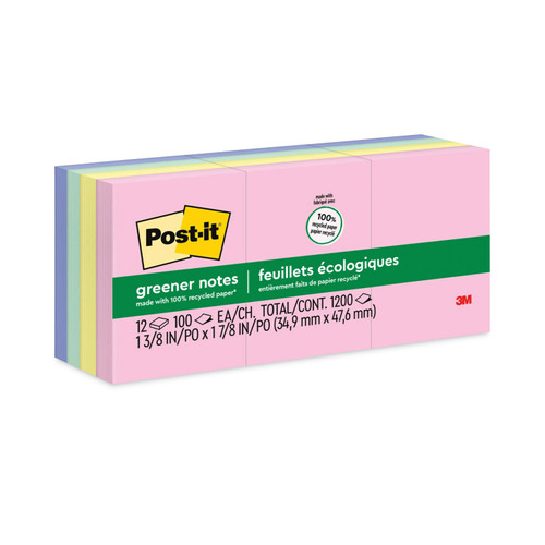 Post-It Recycled Notes 1.38"X1.88" 12/Pkg-Assorted Pastel Colors -653RPA - 021200003370