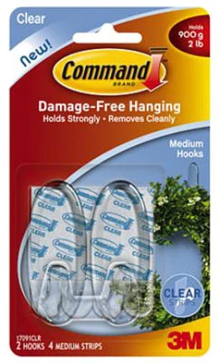 Command Medium Hooks-Clear 2 Hooks & 4 Strips - 17091 - 051141347042