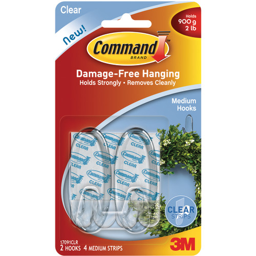 Command Medium Hooks-Clear 2 Hooks & 4 Strips - 17091 - 051141347042