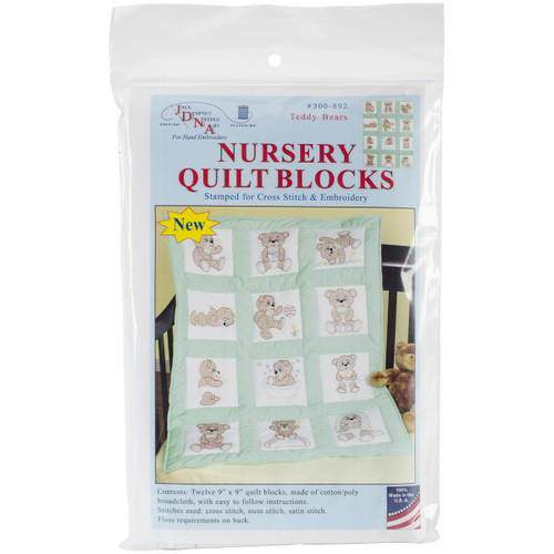 Jack Dempsey Stamped White Nursery Quilt Blocks 9"X9" 12/Pkg-Teddy Bears - 300 892 - 013155158922
