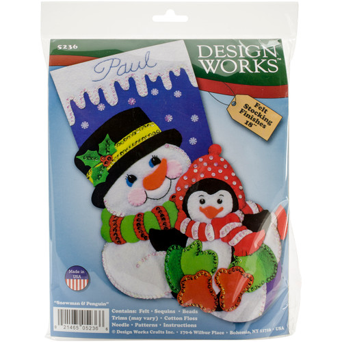 Design Works Felt Stocking Applique Kit 18" Long-Snowman & Penguin - DW5236 - 021465052366