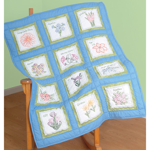 Jack Dempsey Themed Stamped White Quilt Blocks 9"X9" 12/Pkg-Flowers - 737 535 - 013155525359
