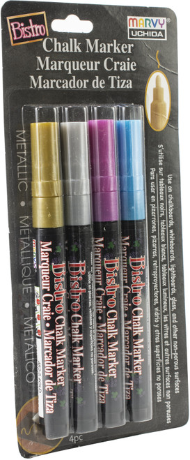 Uchida Bistro Chalk Marker Fine Point Set 4/Pkg-Metallics - Gold, Silver, Red & Blue - 482-4M