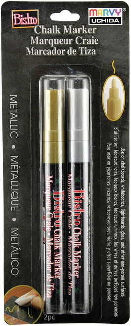 Uchida Bistro Chalk Marker Fine Point Set 2/Pkg-Metallics Gold & Silver 482-2M - 028617484228