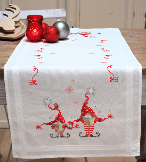 Vervaco Stamped Table Runner Cross Stitch Kit 16"X40"-Christmas Gnomes V0158304