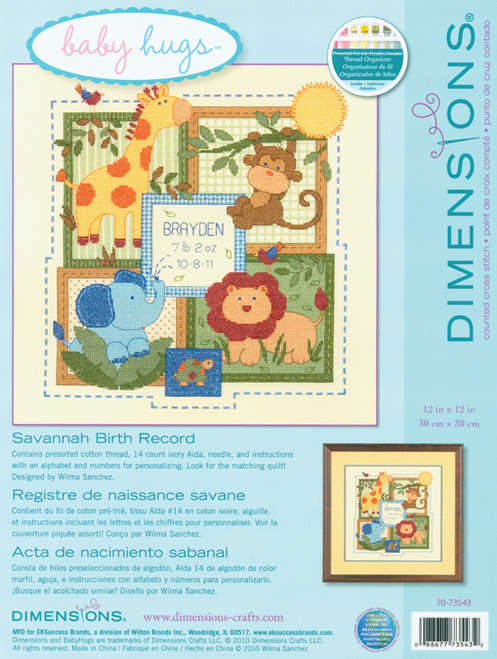 Dimensions Baby Hugs Counted Cross Stitch Kit 12"X12"-Savannah Birth Record (14 Count) - 70-73543 - 088677735432