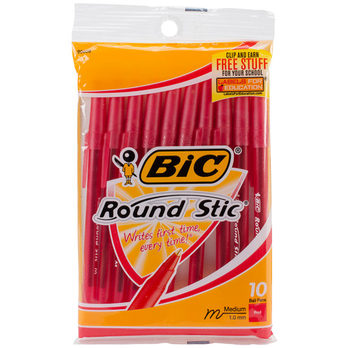 BIC Round Stic Medium Ballpoint Pens 10/Pkg-Red GSMP-101RD - 070330906099