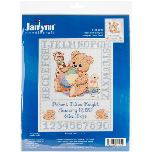 Janlynn Stamped Birth Sampler Cross Stitch Kit 11"X14"-Bear - 135-0004 - 049489135049