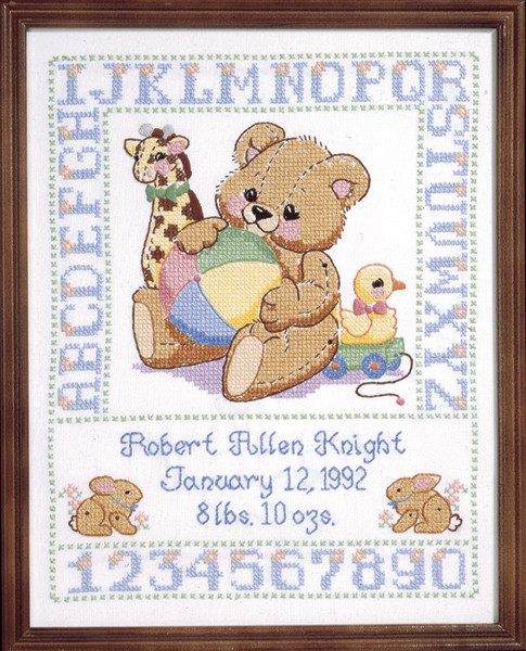 Janlynn Stamped Birth Sampler Cross Stitch Kit 11"X14"-Bear - 135-0004