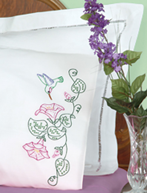 Jack Dempsey Stamped Pillowcases W/White Perle Edge 2/Pkg-Hummingbird 1600 293 - 013155852936