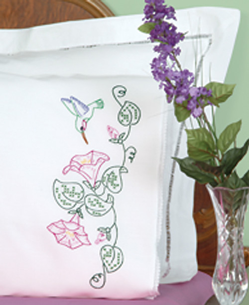 Jack Dempsey Stamped Pillowcases W/White Lace Edge 2/Pkg-Hummingbird - 1800 293