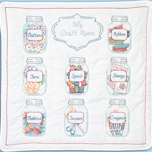 Jack Dempsey Stamped White Wall Or Lap Quilt 36"X36"-Mason Jars - 739 626