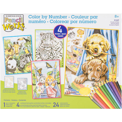 Pencil Works Color By Number Kit 9"X12" 4/Pkg-Friendly Animals 91337 - 088677913373