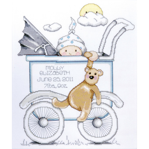Tobin Counted Cross Stitch Kit 13"X15"-Baby Buggy Boy Birth Record (14 Count) T21746 - 021465217468