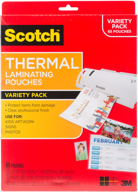 Scotch Variety Pack Thermal Laminator Pouches 3 Mil 65/Pkg-(35) Letter, (15) 4"X6" & (15) Wallet TP8000VP - 051141372747
