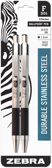 Zebra F-301 Stainless Steel Ballpoint Pen 1.6mm 2/Pkg-Black Z27312 - 045888273122