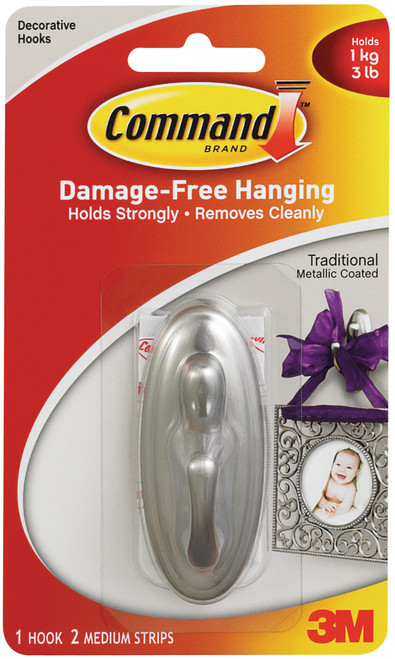 Command Medium Decorative Hooks-Brushed Nickel 1 Hook & 2 Strips - 17051 - 051135806425